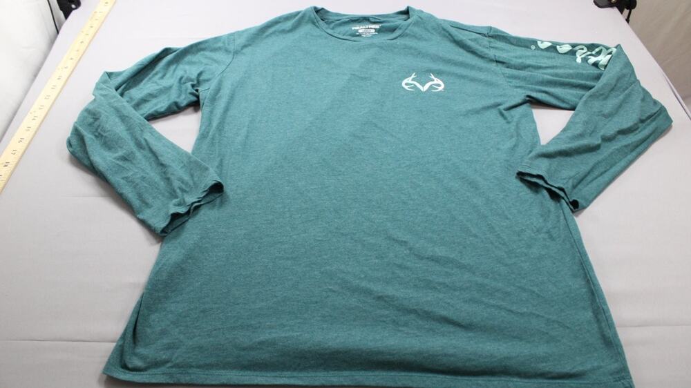 Realtree T-Shirt Mens L Teal Crew Neck Long Sleeve Heathered Knit Fabric Sleeves